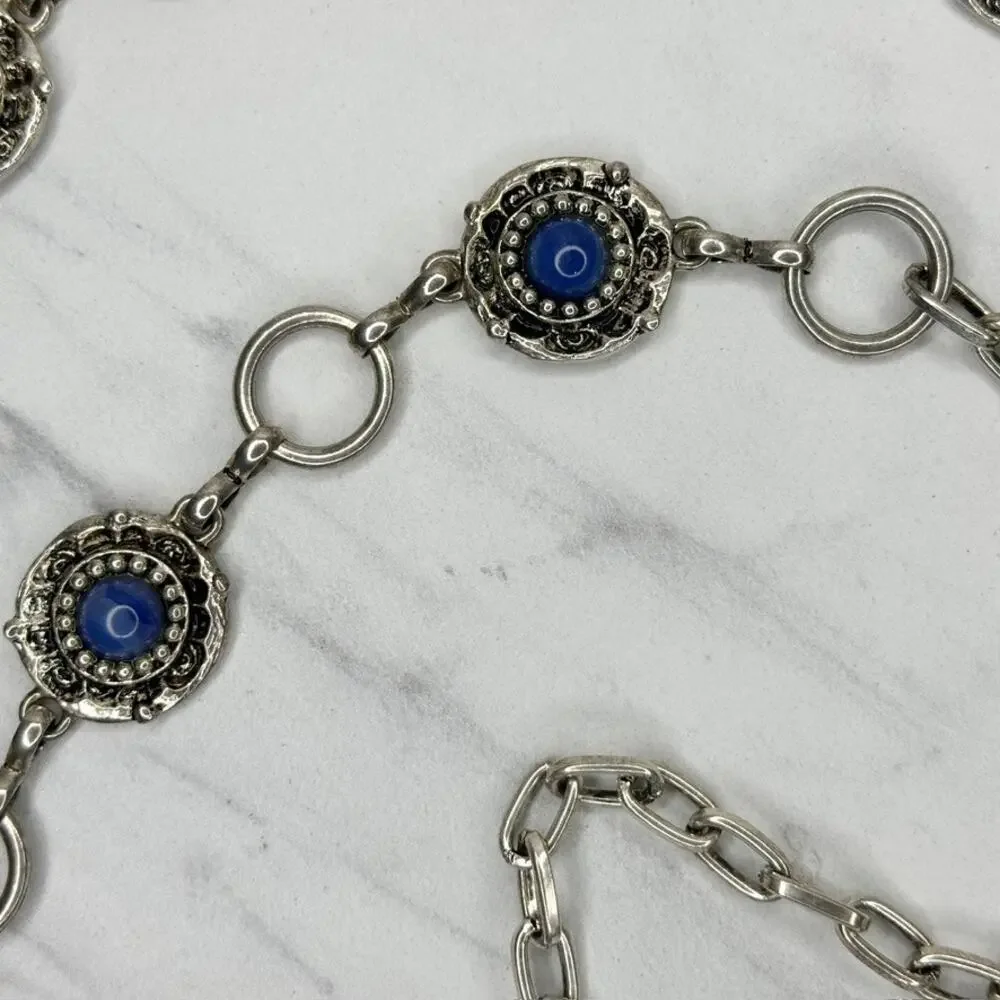 Vintage Blue Cabochon Silver Chain Belt M/L ✨